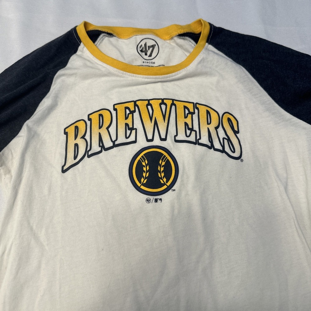 Milwaukee Brewers Women's '47 MLB Three-Quarter Sleeve T-Shirt White Blue Small